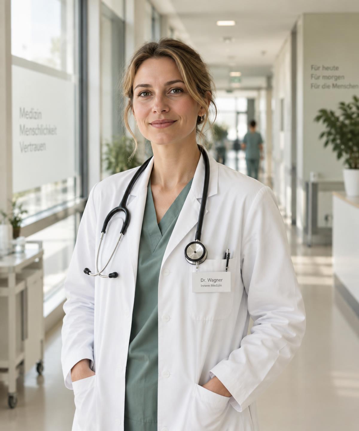 A doctor in a white coat with a stethoscope standing in a bright hospital corridor